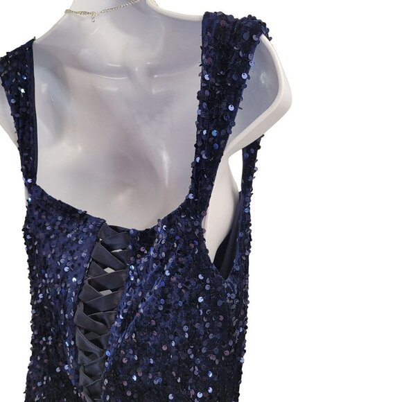 NWT Dark Navy Blue Sequin Evening Classic Sleeveless Corset Back Thigh Slit - Picture 6 of 15